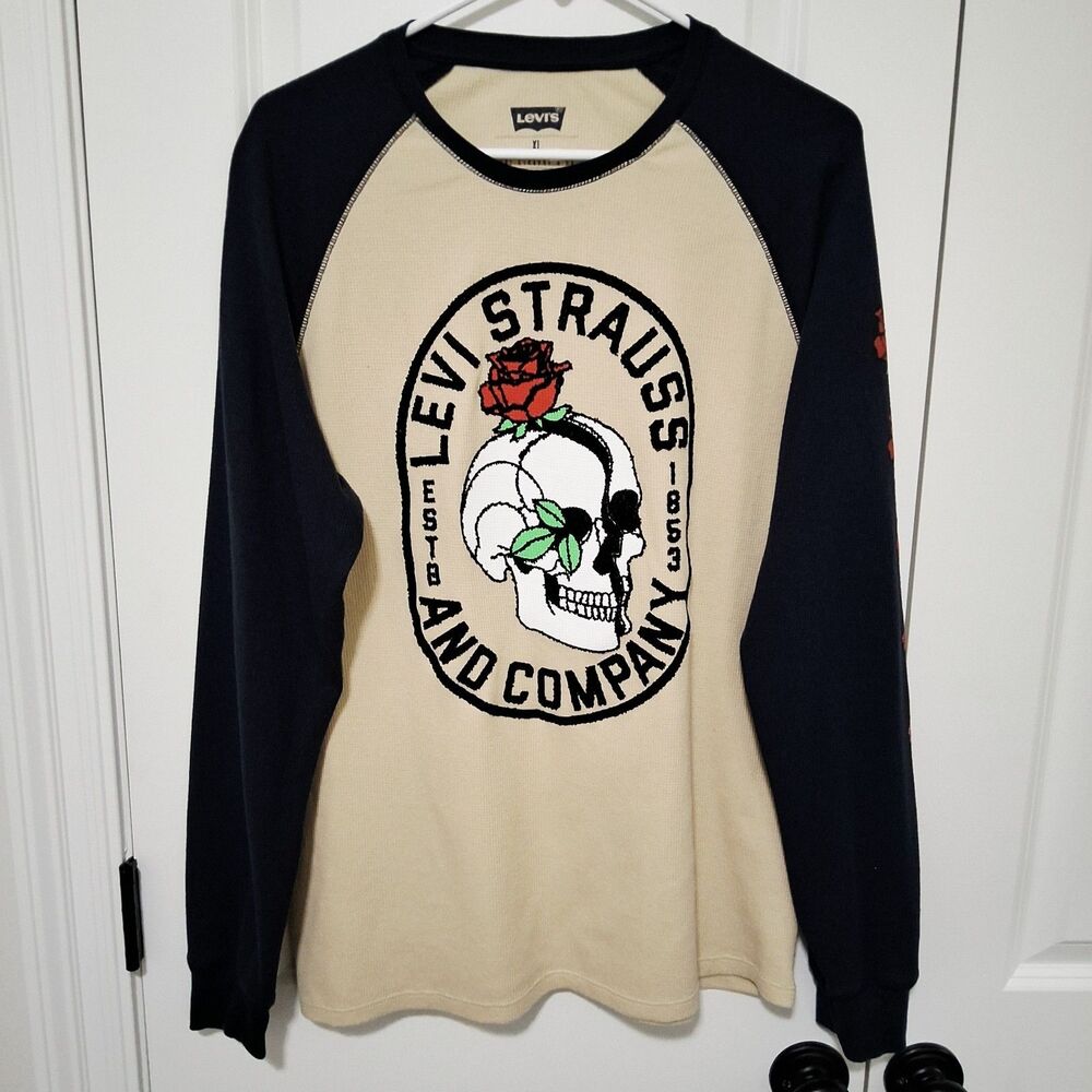 Levi's Men’s Waffle Knit Raglan Long Sleeve Skull Graphic Thermal Size X-Large